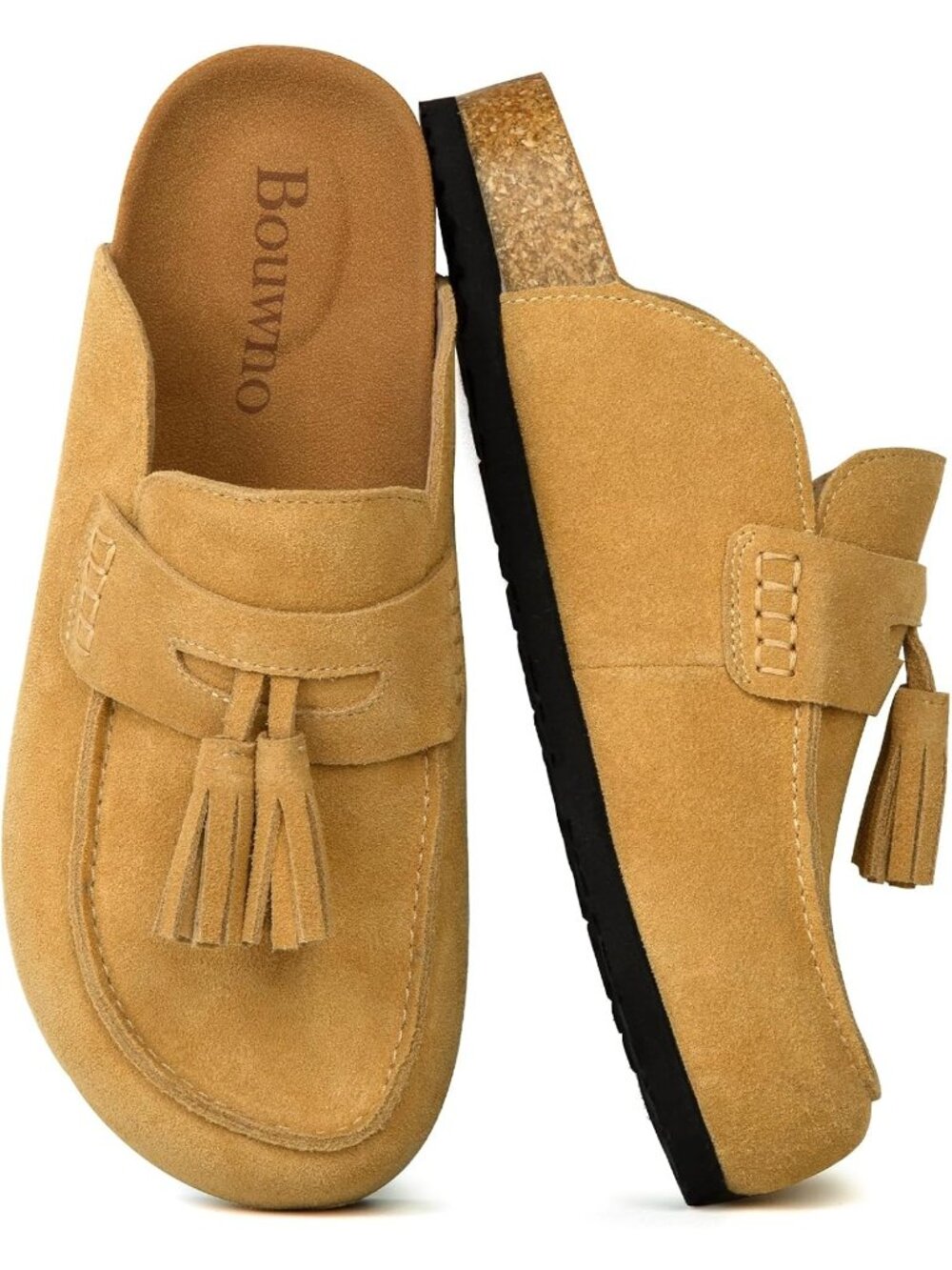 🆕Women's Yellow Suede Clogs Leather Mules with Tassel Fringe Comfort Cork